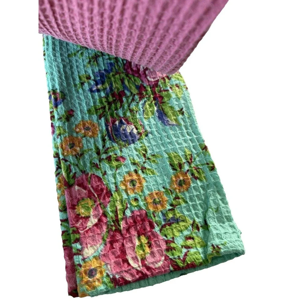 April Cornell Kitchen Set of 3 Dish Towels Penny's Patio Waffle Weave Teal Pink